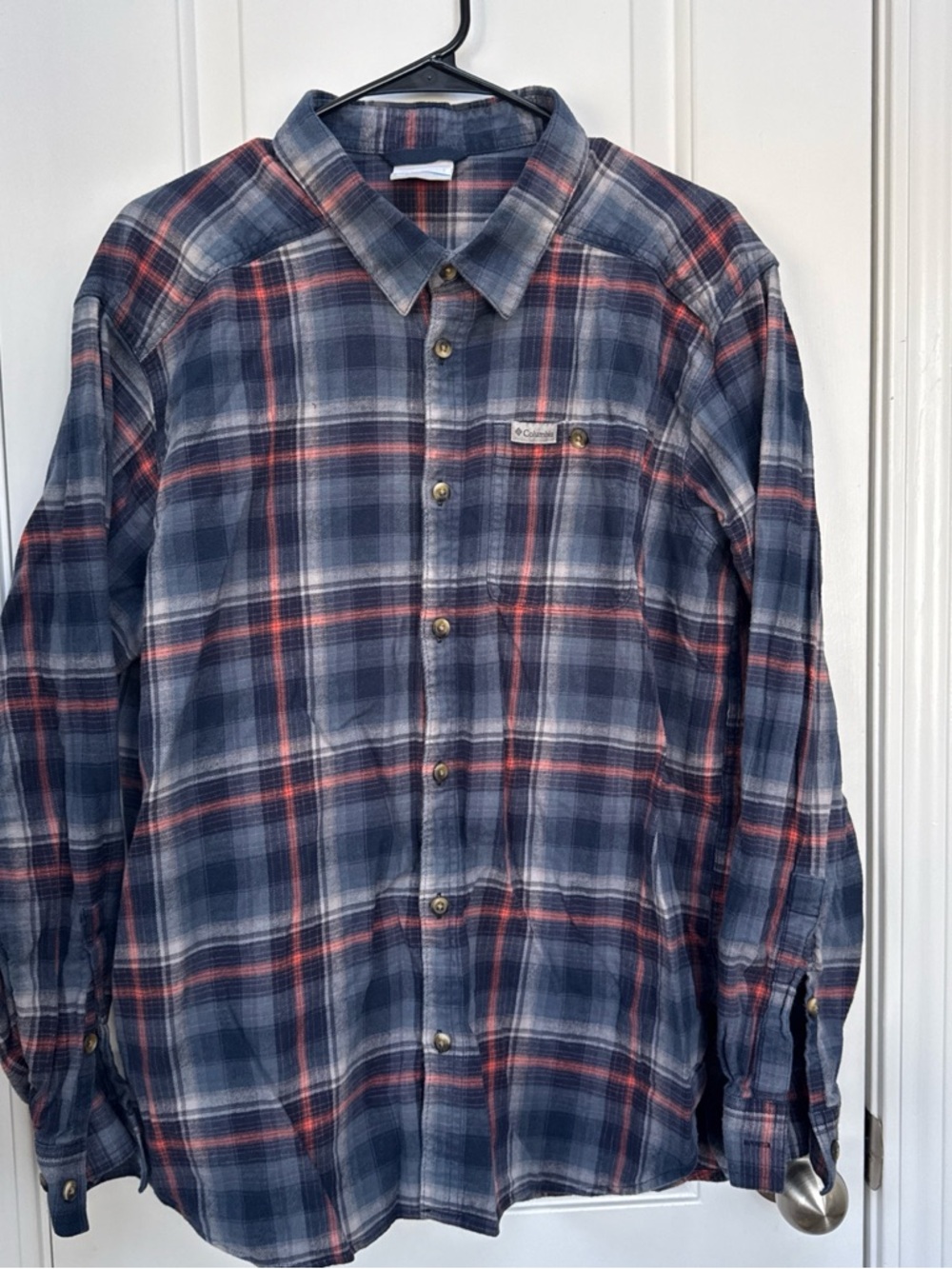 Columbia Men's Navy and Red Plaid Button-Up Shirt